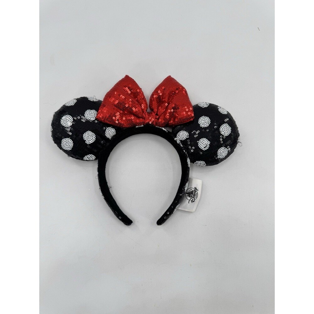 Disney Parks Polka Dot Red Bow Minnie Mickey Mouse Sequin Black Ears Headband US